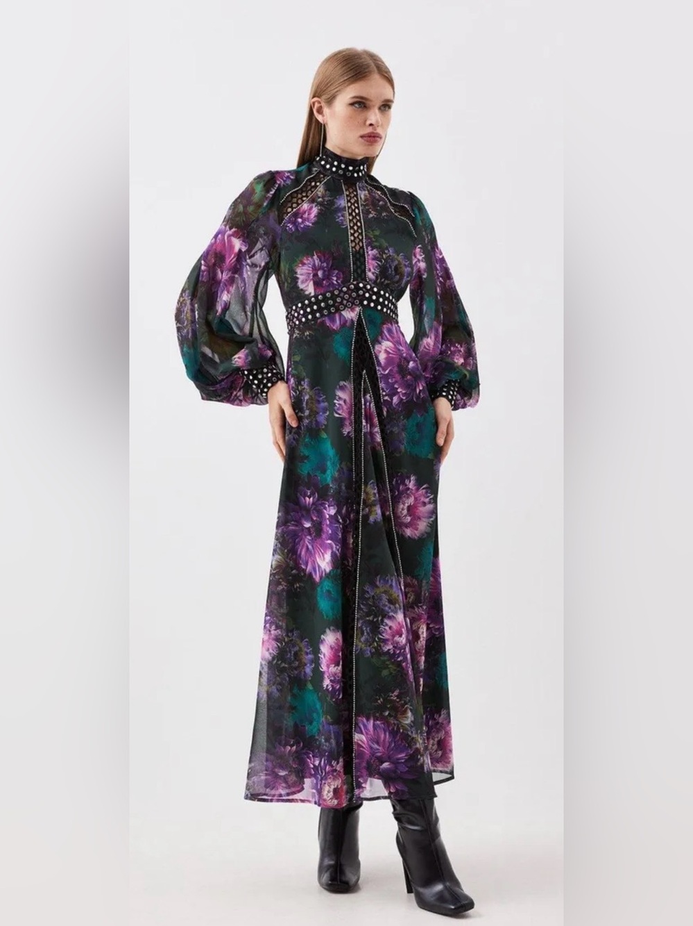 NWT Karen Millen Black Floral Studded Lace Woven Maxi Dress